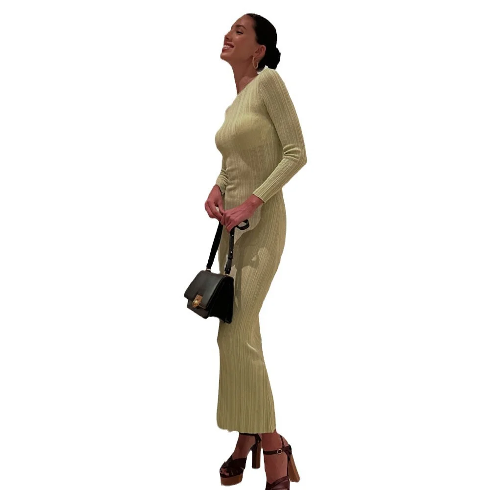 Uveng Uveng Sexy Elegant Dress Solid Color Long Sleeve Round Neck Wrap Hip Long Skirt Women's Fashion