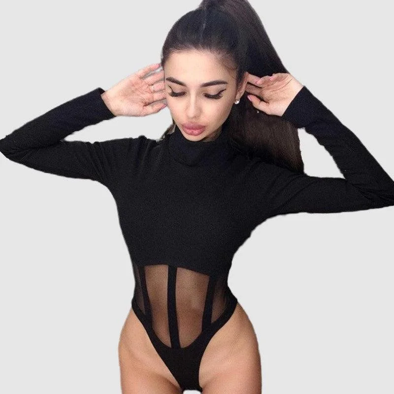 Mesh High Collar Long Sleeve Bodysuit