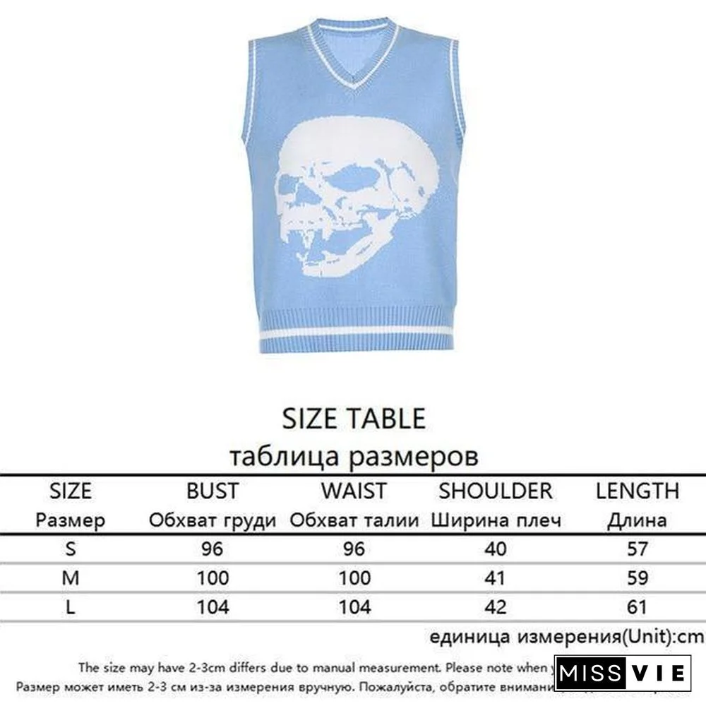 Rapcopter Y2K Sweaters Skulls Pullovers V Neck Knitwear Loose Casual Knitted Tops Women Streetwear Retro Tops Blue Autumn