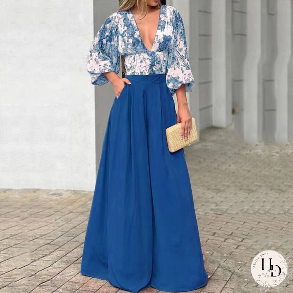 Sexy V-neck Print Blouse And Long Pants Outfits Women Elegant Puff Sleeve Two Piece Suit