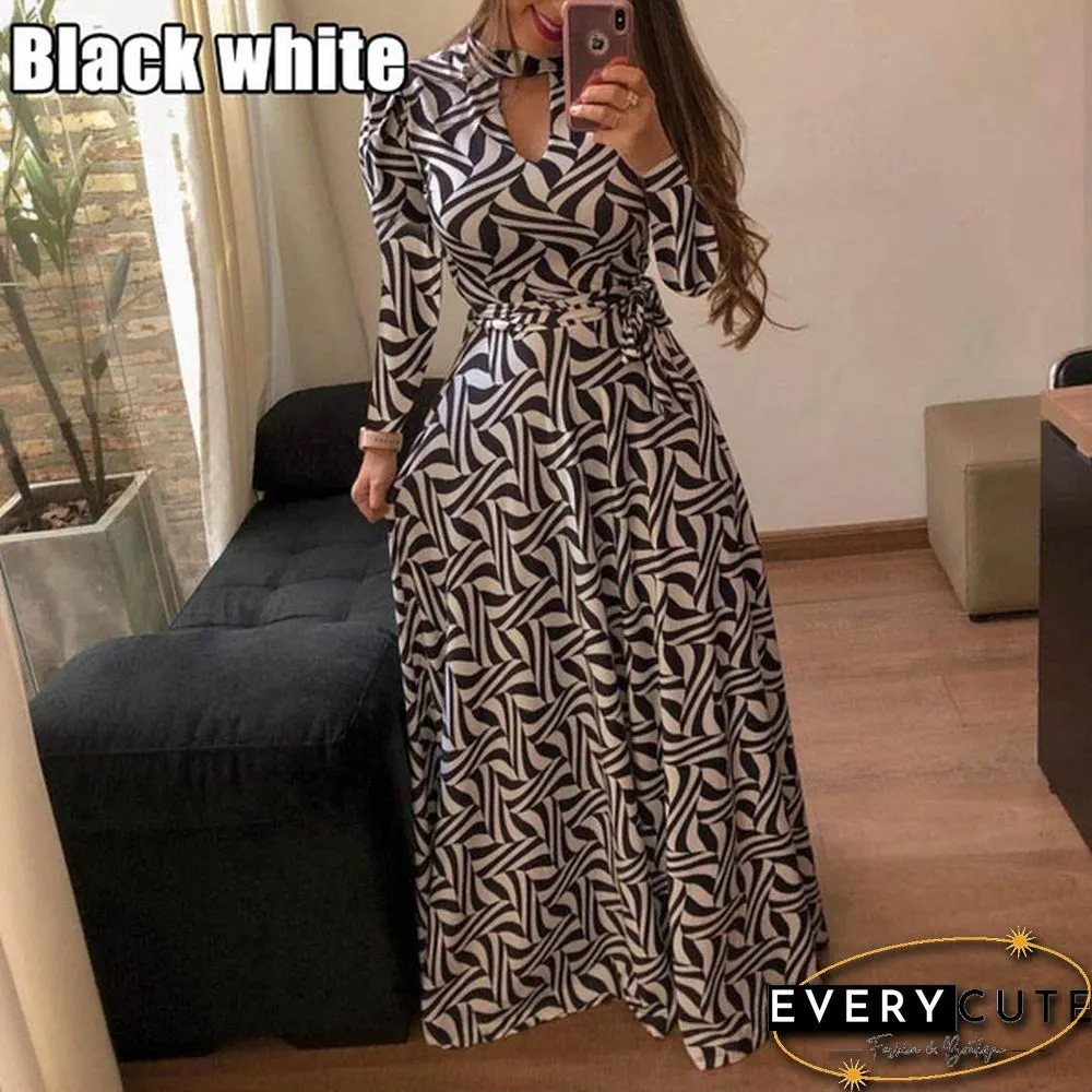 Women Fashion Long Sleeve Dress Maxi Dresses High Waist Flower Dress Party Dress