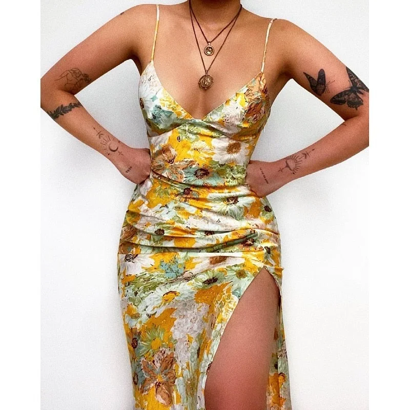 wsevypo Sexy Spaghetti Straps Floral Midi Dress for Women Backless Side Split Bodycon Sundress Party Night Clubwear Vestidos