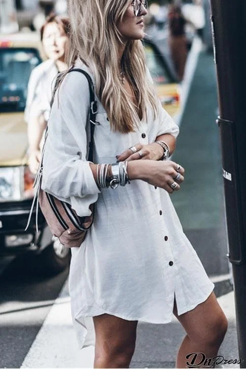 Buttons White Sunscreen Cover-up Shirt Dress