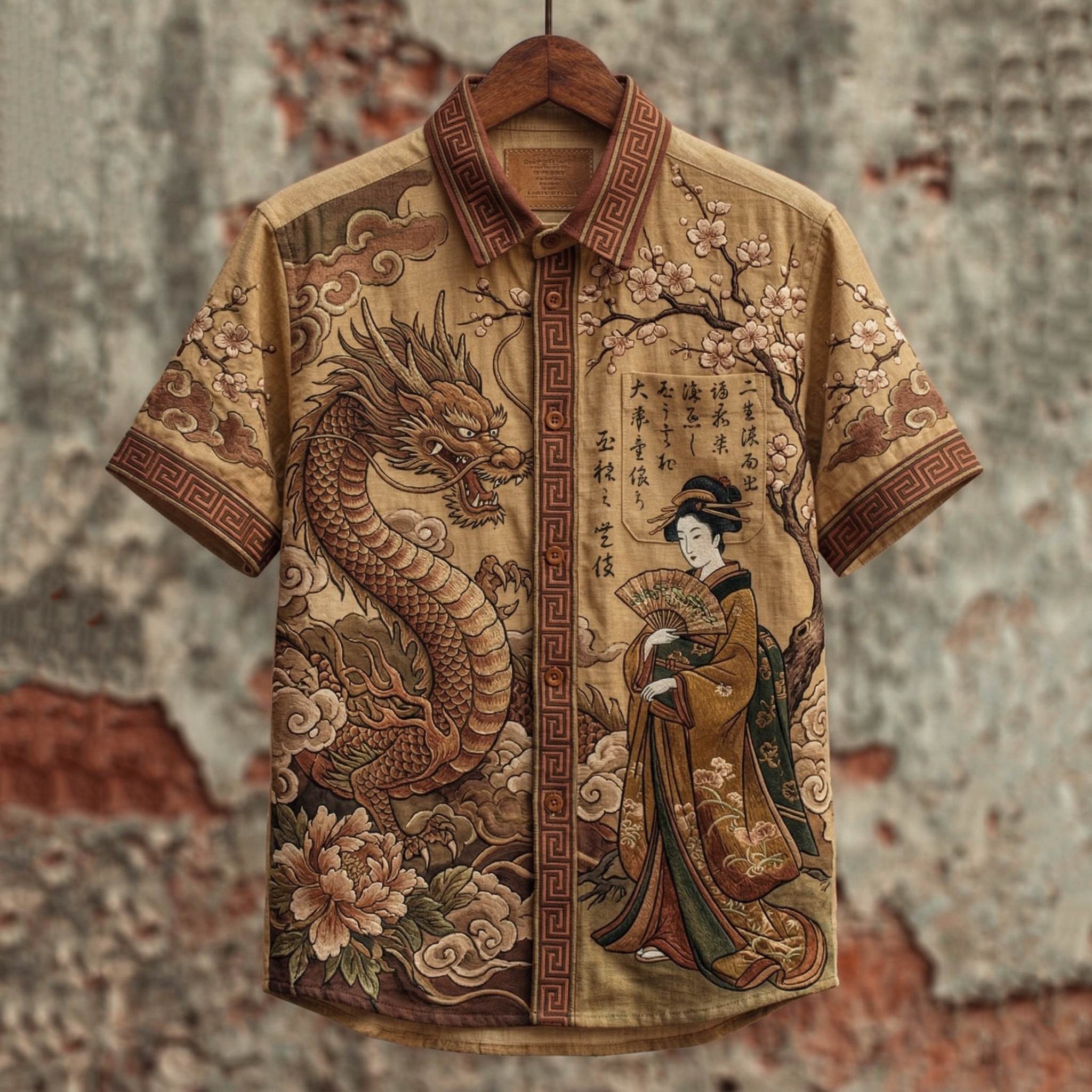 Vintage Elegant Japanese Geisha And Dragon Art Printed Short-sleeve Shirt elevenforest