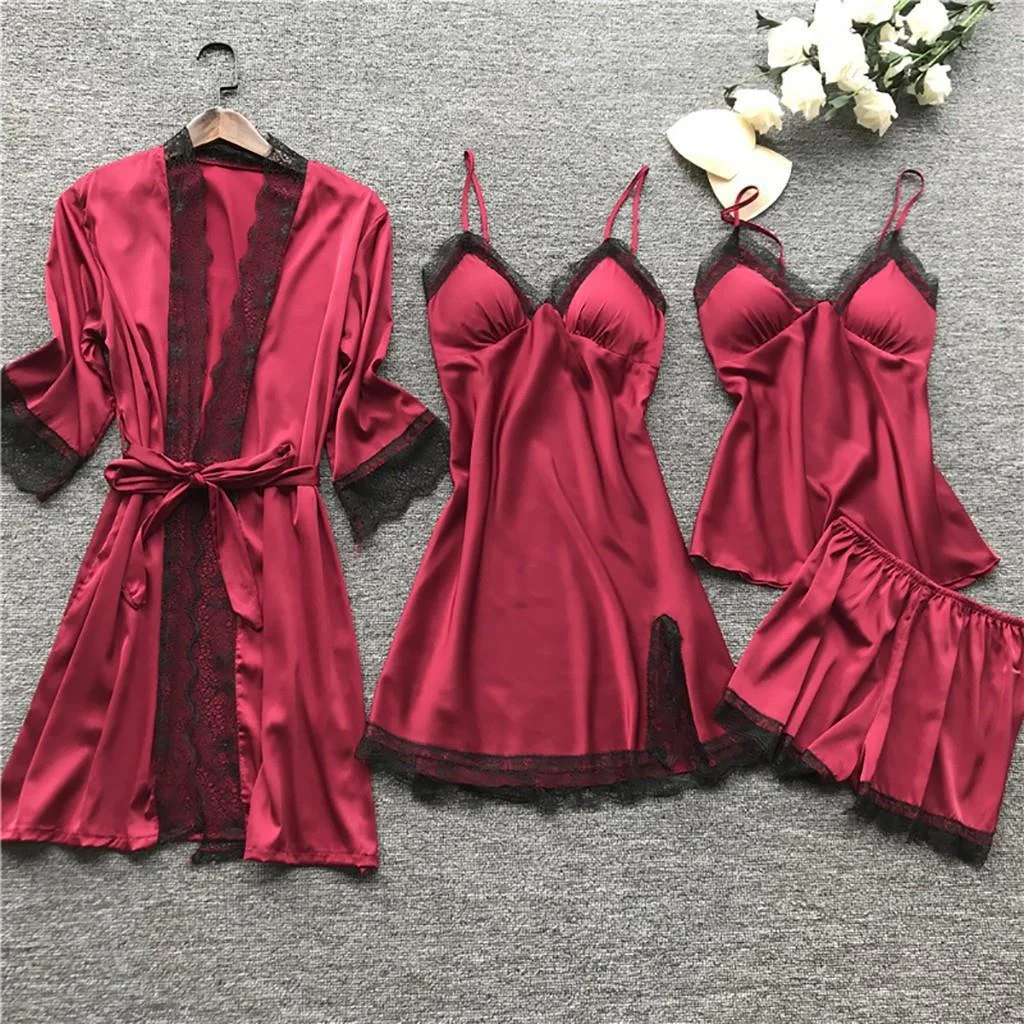 Brownm Pajamas Women's Pyjamas Four-Piece Korean Version Of Sling Pyjamas Women's Home Clothes With Chest Cushions Pajamas Pajamas 2103