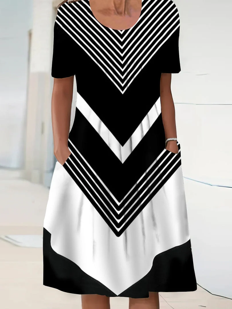 Women's Black and White Short Sleeve Scoop Neck Stitching Midi Dress