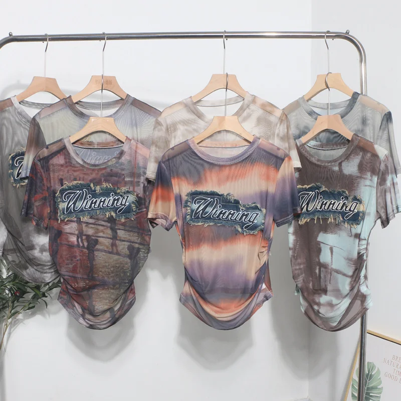 Churchf Real Shooting Embroidery With Straight Shoulder Short-Sleeved Mesh T-Shirt Fold Irregular Perspective Hood Top 25821