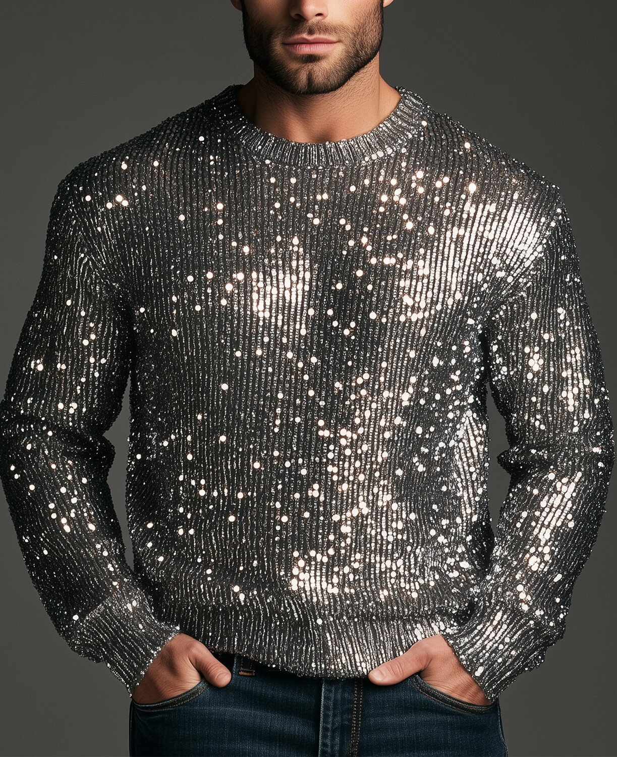 Okaywear Party Sequin Crew Neck Long Sleeve Knit Sweater