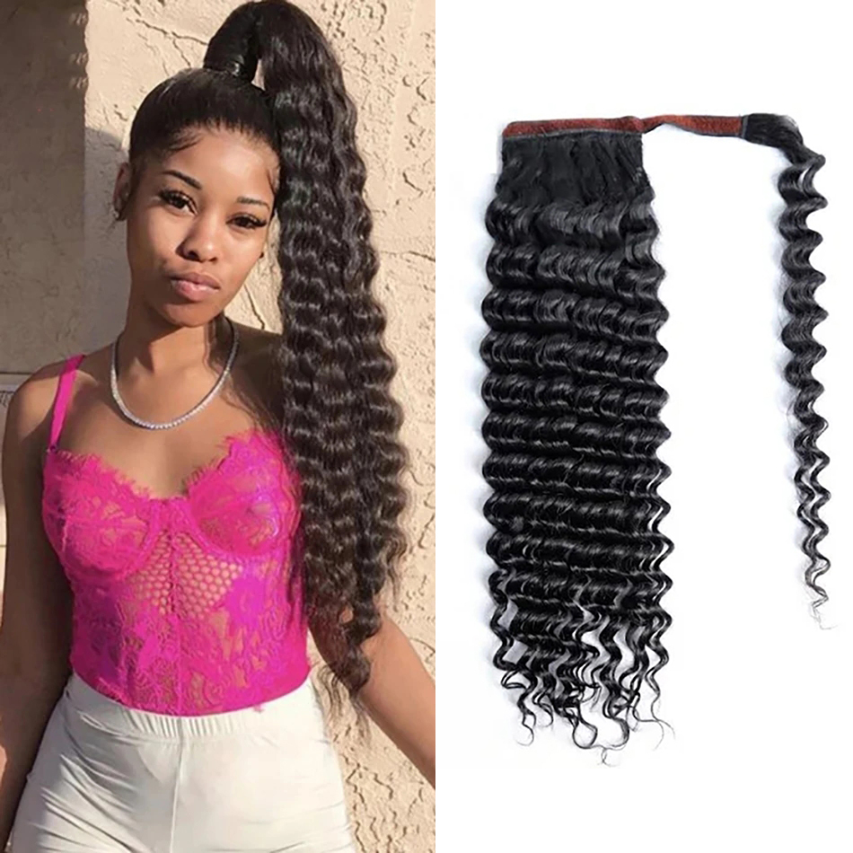 Deep Wave 12A Warp Around Ponytails 100% Human Hair Ponytails