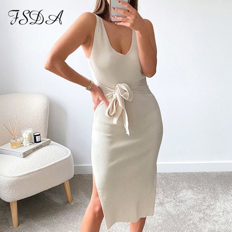 FSDA 2021 Summer Stripe Knitted Bodycon Dress Midi Women Blue Sexy V Neck Elegant Bandage Casual Sleeveless Party Dresses