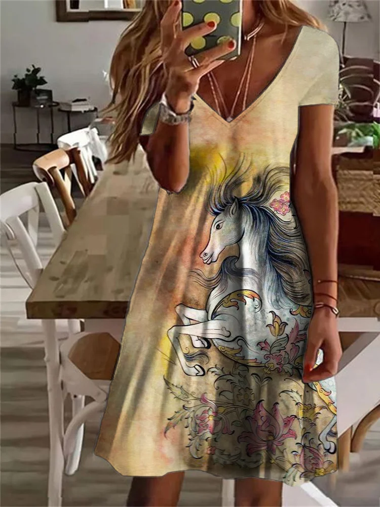 VChics Floral & Horse Pattern V-Neck Short Sleeve Midi Dress