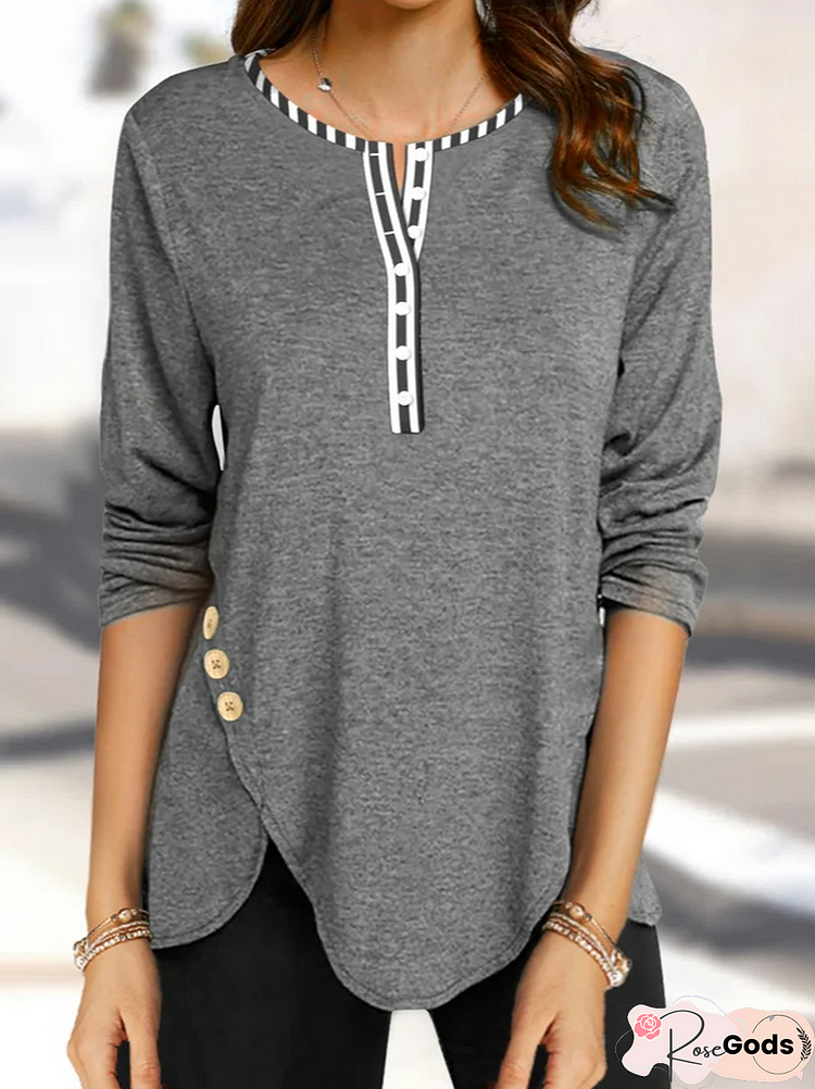 Plain Casual Autumn Polyester Split Joint Daily Regular Fit Long Sleeve A-Line Tops For Women