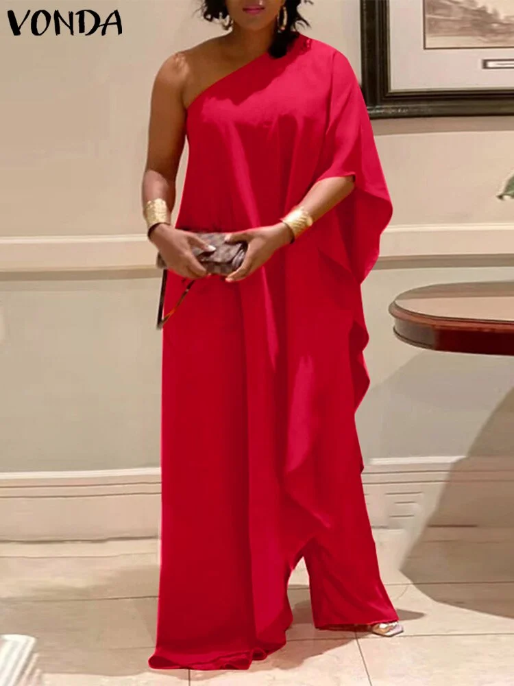 VONDA Women Long Dress Summer Sexy One Shoulder Solid Maxi Fall Dresses Oversize Skew Collar Holiday Vestidos Femme Long Robes