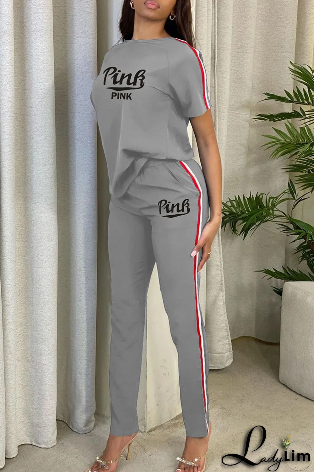 Grey Casual Print Patchwork O Neck Short Sleeve Two Pieces