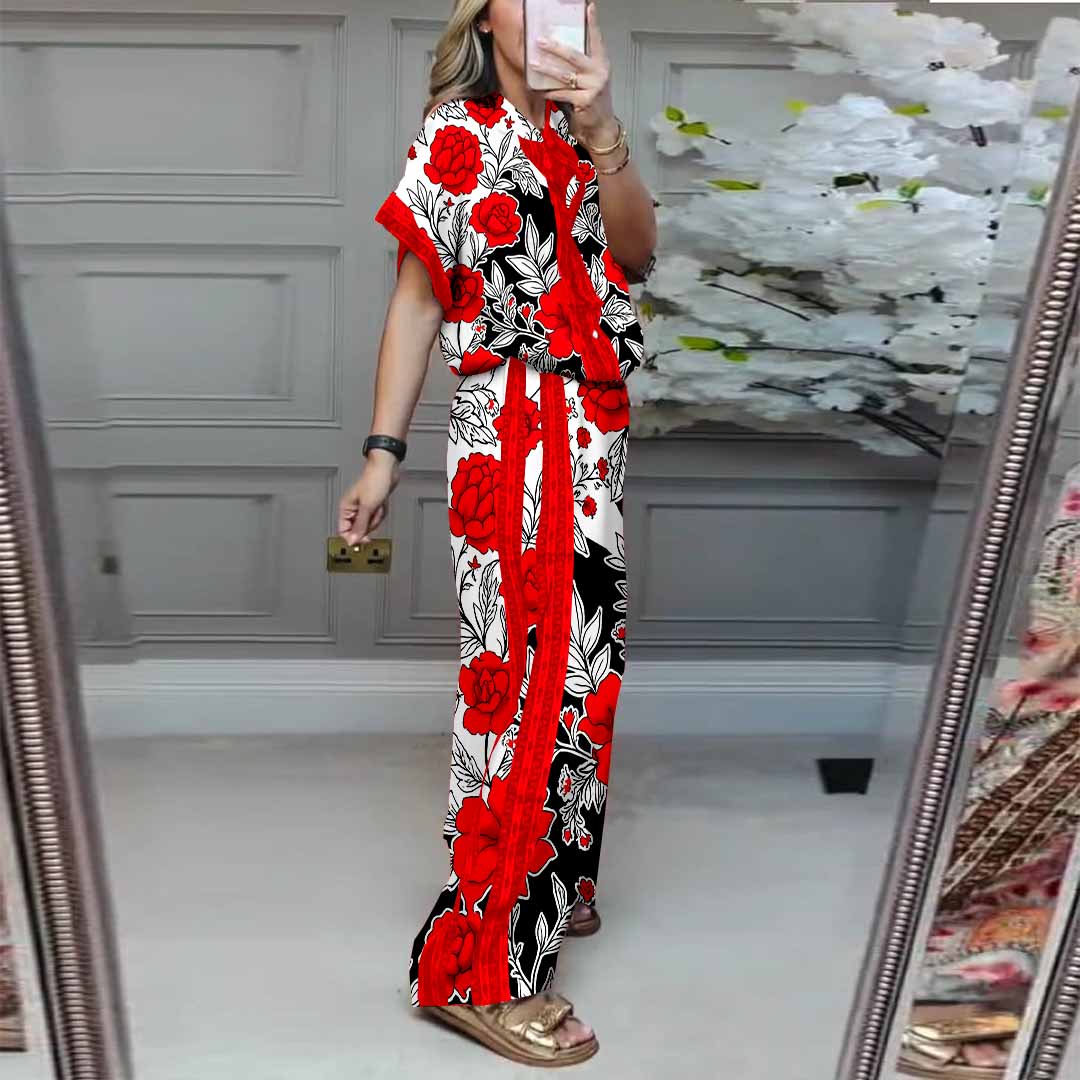 Women Floral,Red,Black DZDL1182 V-neck Short Sleeve Blouse and Pants Set
