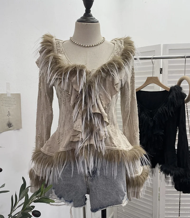 Uveng Real Shooting Waste Soil Wind Irregular Wood Ear Trumin Knitting To Make Old Hole Splicing Hairy Blouse Hottie Cardigan 2987