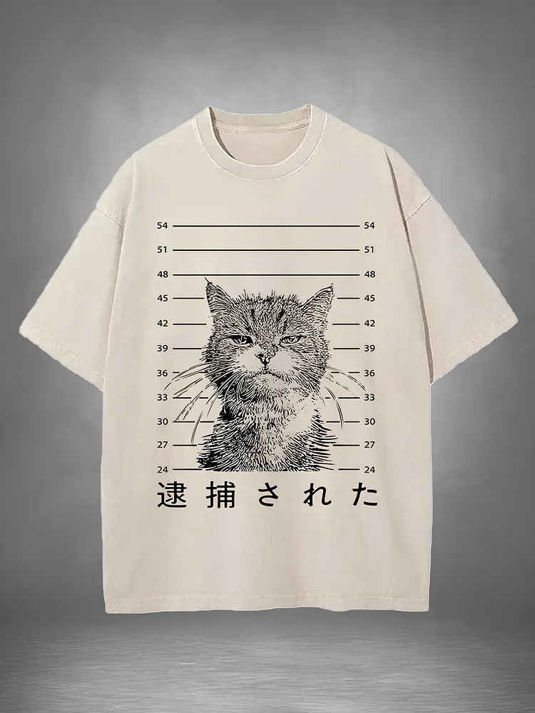 Men's That Was Arrested Cat Mugshot Japanese Print Cotton Washed T-Shirt