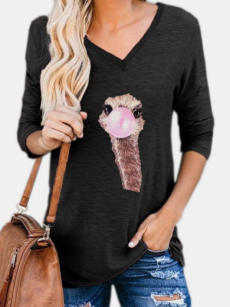 Cartoon Print V neck Long Sleeve Casual Women T Shirt P1768700