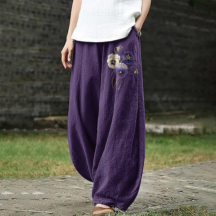 Women‘s Pruple Floral Art Linen Blend Pants