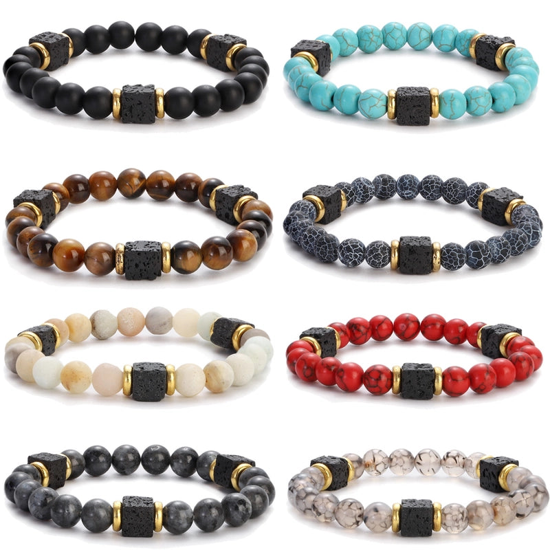 New Lava Cube Volcanic Stone Bracelet Men's Colorful Marble Glass Beads Retro Bracelet