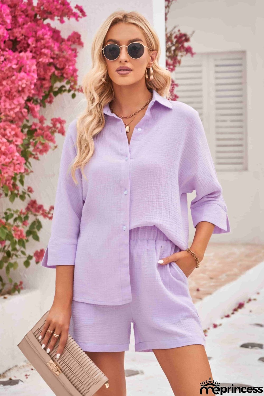 Textured Shirt and Elastic Waist Short with Pockets