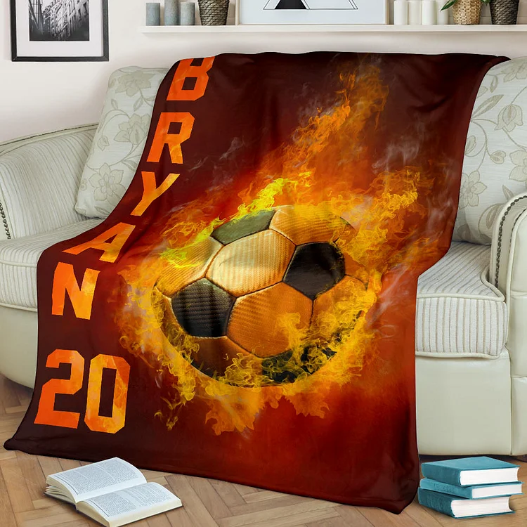 Personalized Soccer Blanket, Fire Printed Soccer Ball Fans Lovers Sherpa Fleece Blanket | BKKid535