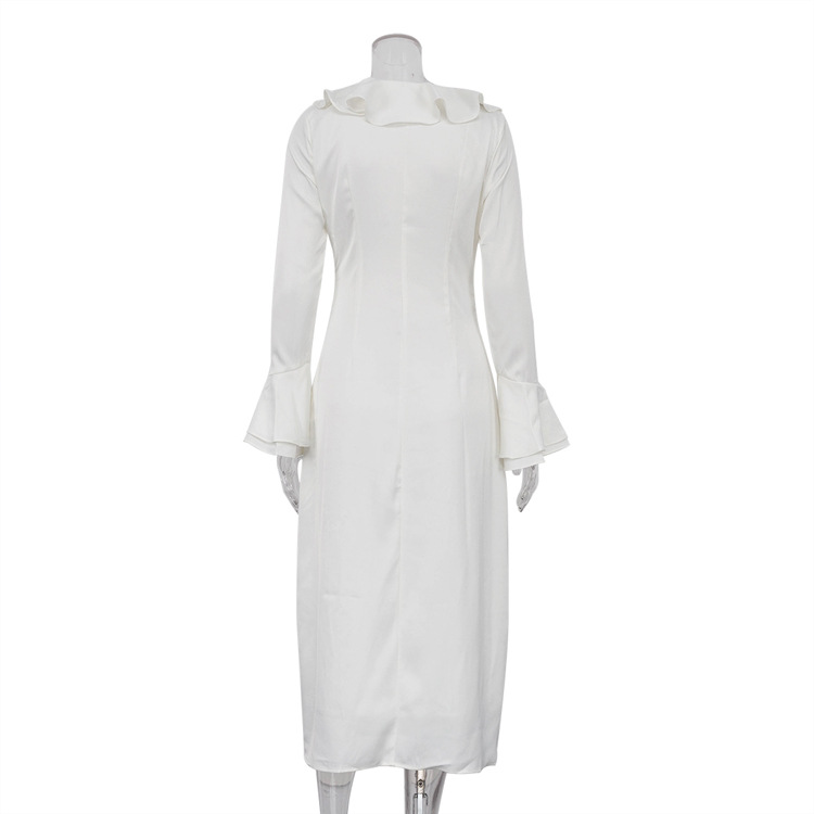 Ootddress Ruffled Elegant For Women Long Dress Fashion V-Neck Patchwork Long Sleeve Slim Party Dress Gown White Spring Maxi Dress