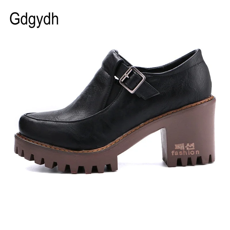 Gdgydh New 2021 Spring Platform Women Shoes On Heels British Style Single Shoes Round Toe Square Heels Ladies Pumps Large Size