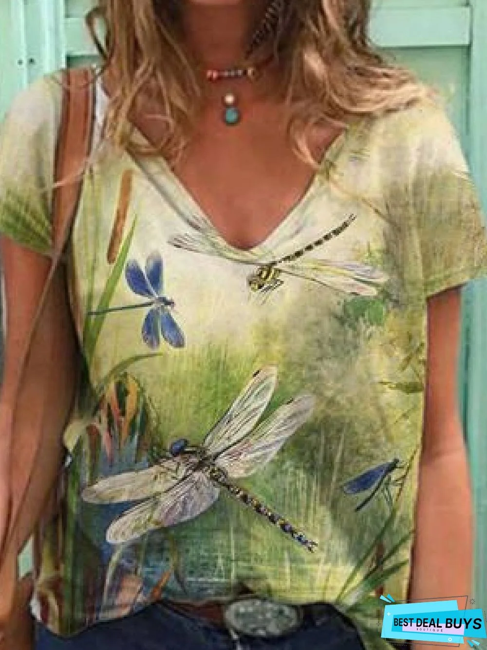 Casual Short Sleeve Animal V Neck T-shirt