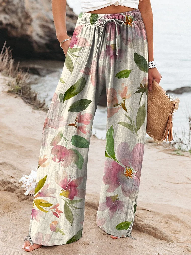 Watercolor Spring Floral Pattern Printed Women's Cotton And Linen Casual Pants