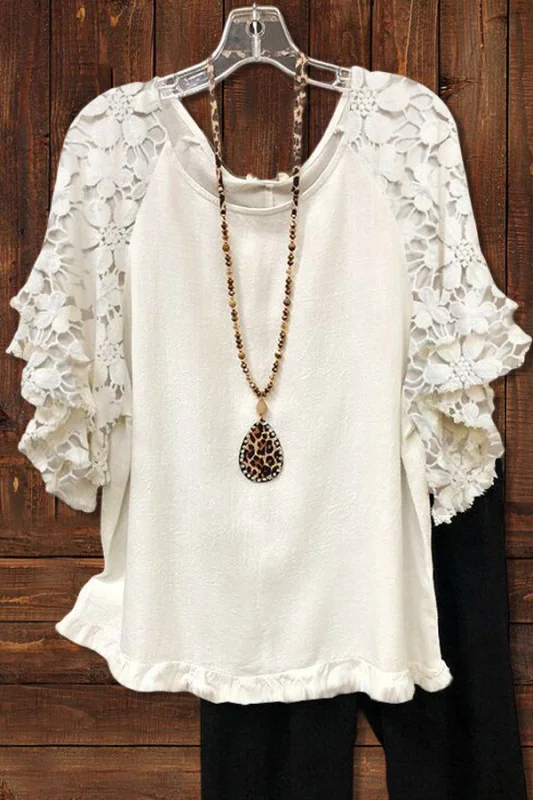 Lace 3/4 Sleeve Ruffle Top Blouse Shirt