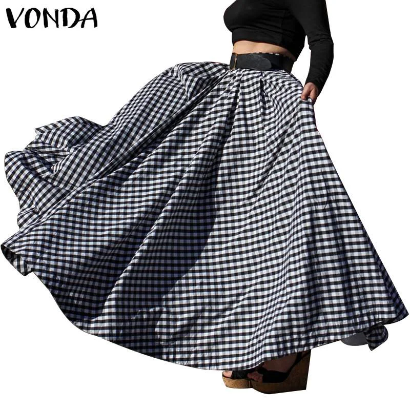 Plaid Long Skirts Women Sexy High Waist Party Maxi Skirts 2022 VONDA Vintage Skirt Faldas De Mujer  Robe Femme