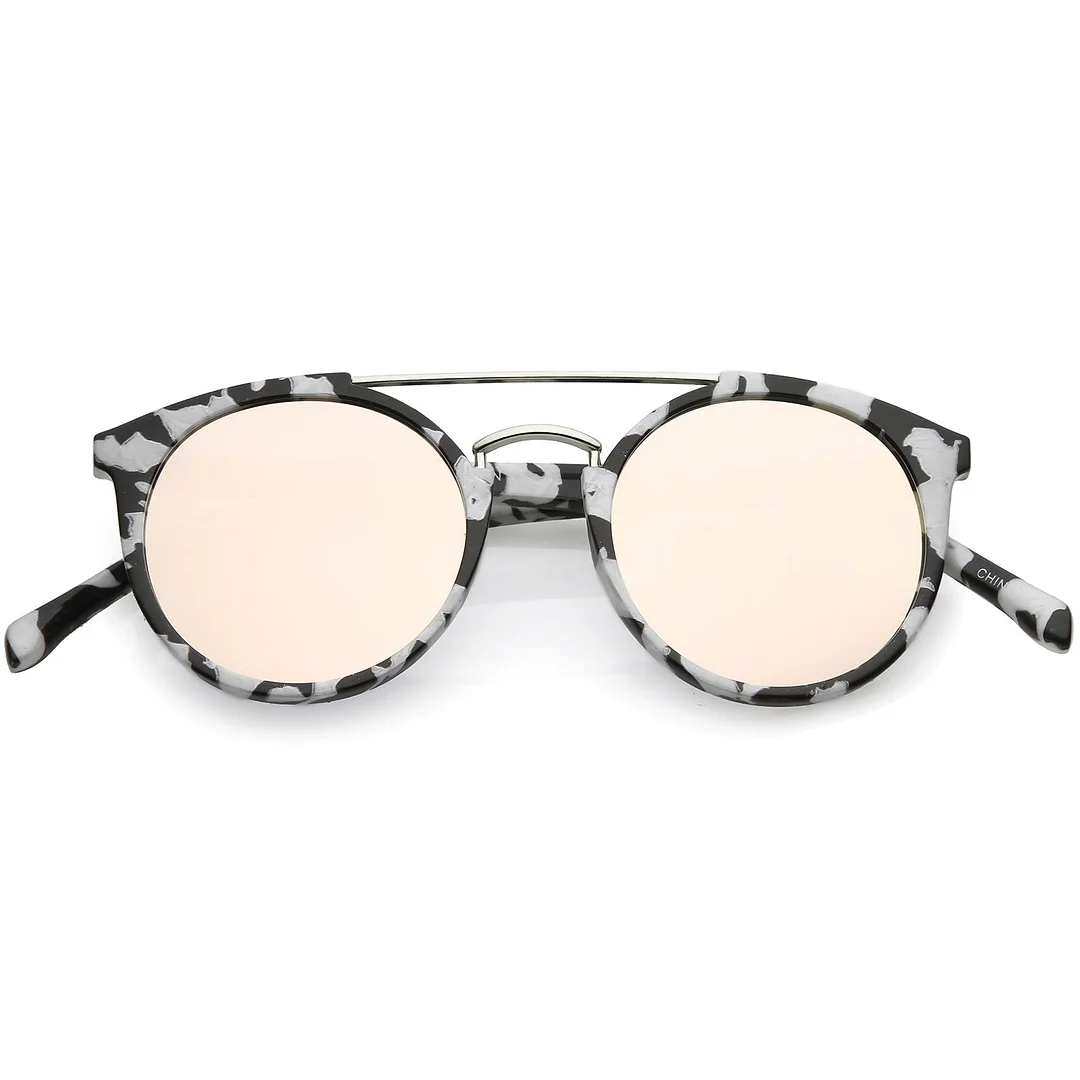 Modern Horn Rimmed glasses Marble Print Double Crossbar Round Flat Lens 50mm