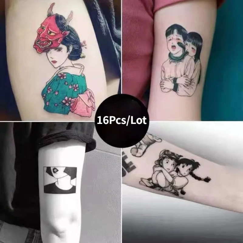 16Pcs Waterproof Temporary Tattoo Sticker Anime Cartoon Boy Girl Cute Tatto Flash Tatoo Fake Tattoos Naruto Stickers Men Women