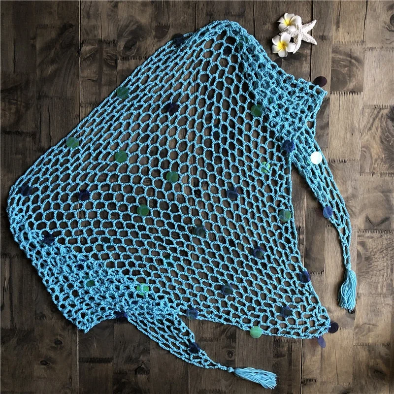Fitshinling Sequined handmade crochet mesh beach cover up cape swimwear lace sexy hot fringe outerwear bohemian strappy cover-up