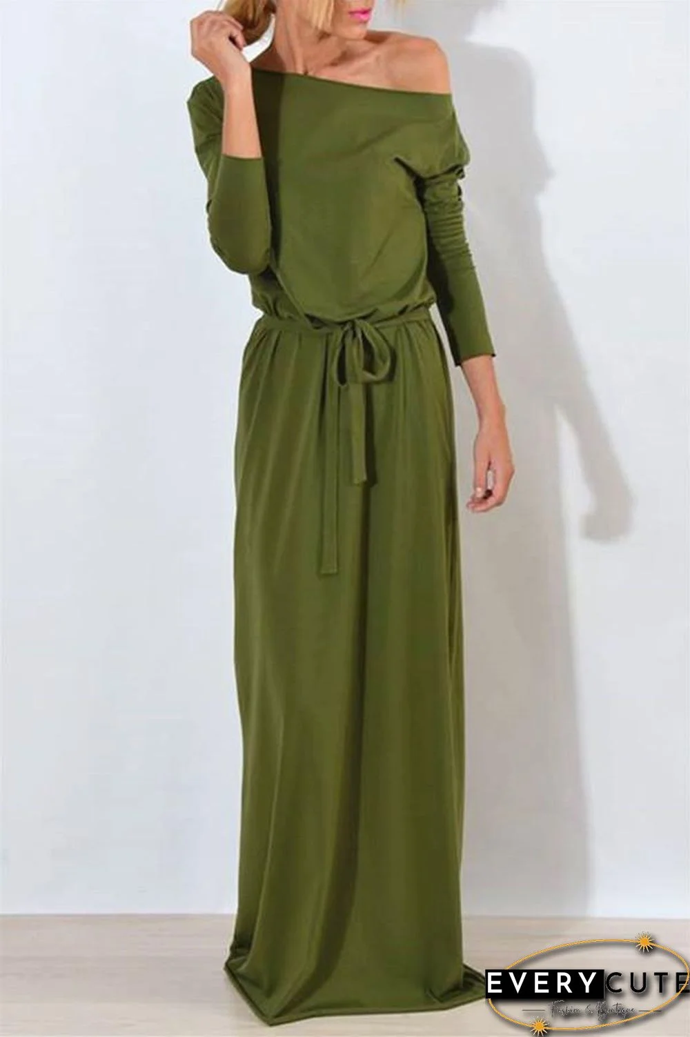 Solid Color Long Sleeve One Shoulder Dress