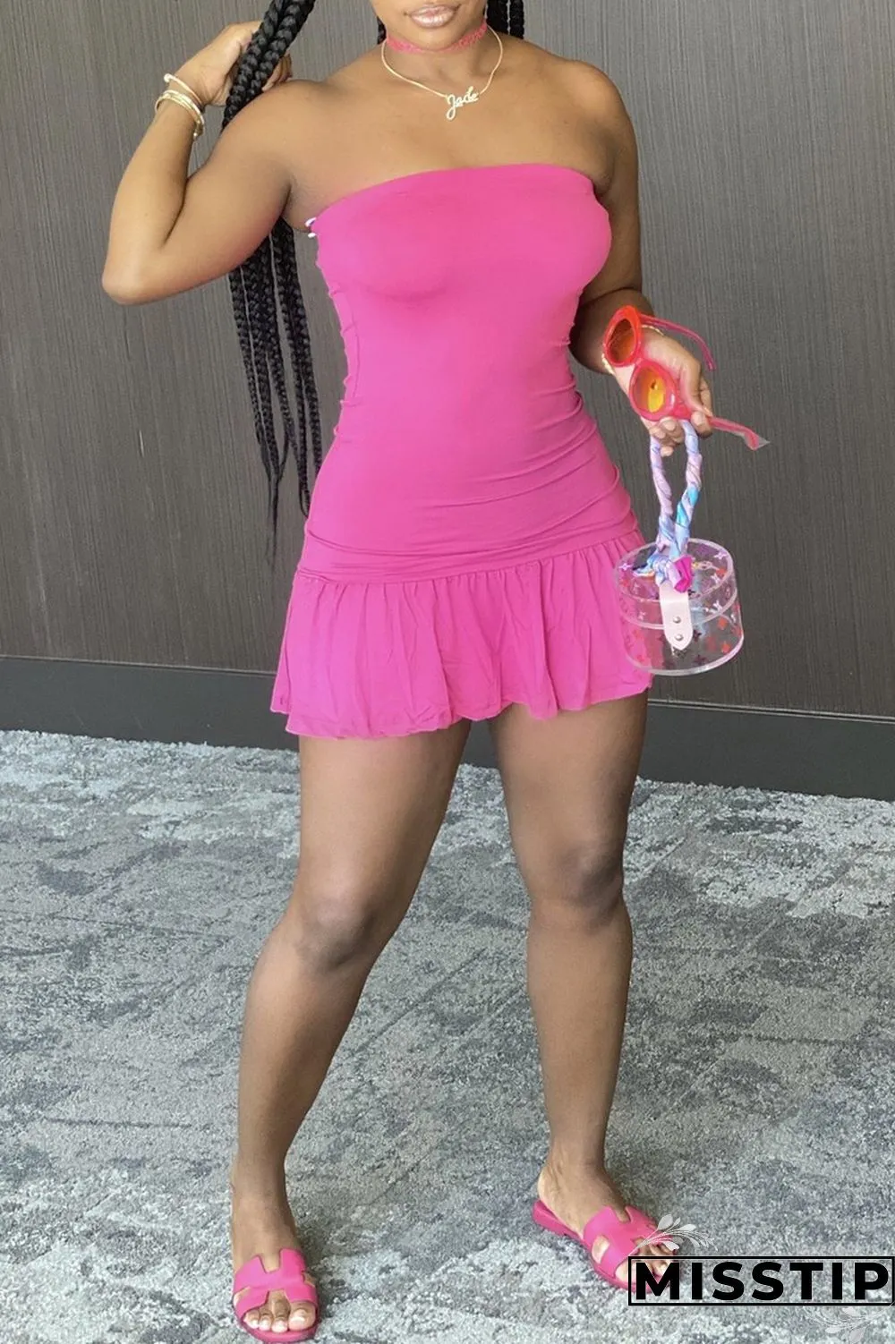 Pink Fashion Sexy Solid Backless Flounce Strapless Sleeveless Dress
