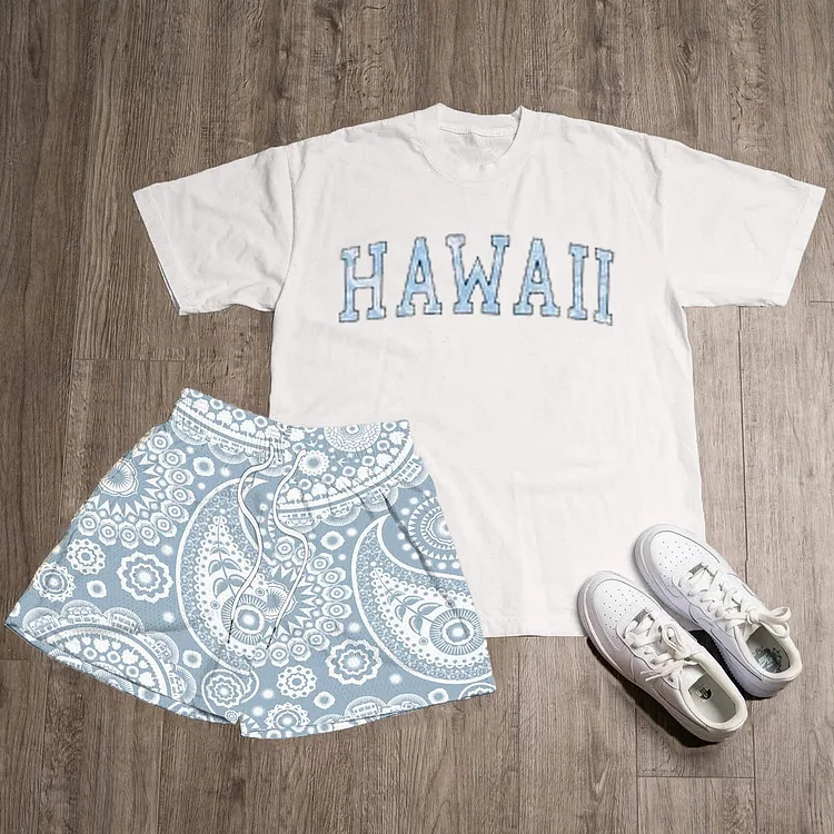 Hawall Print T-Shirt Shorts Two-Piece Set