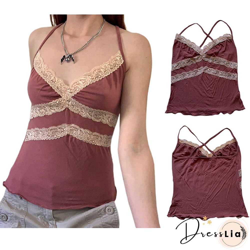 Y2k Aesthetic Sweet Kawaii Tops Vintage Fairycore Lace Patchwork Casual Camisole Frill Casual Women Shirts Tee