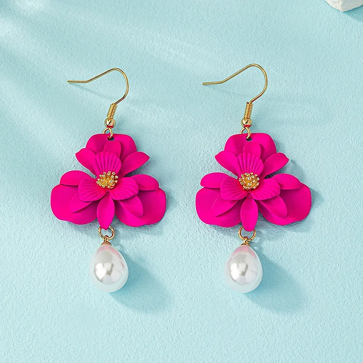 Sweet Imitation Pearl Rose Red Flower Earrings