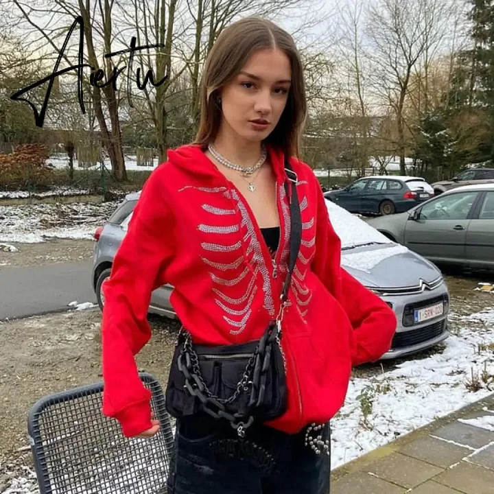 Aiertu Y2K Rhinestone Zip Up Oversized Sweatshirts Summer