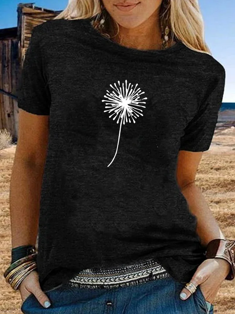 Plus Size Casual Short Sleeve Vintage Plants T-Shirt