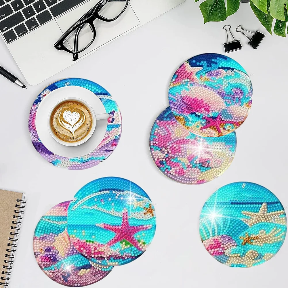 8pcs DIY Moonlit Scene Acrylic Single Sided Diamond Painting Art Coasters Kits with Holder