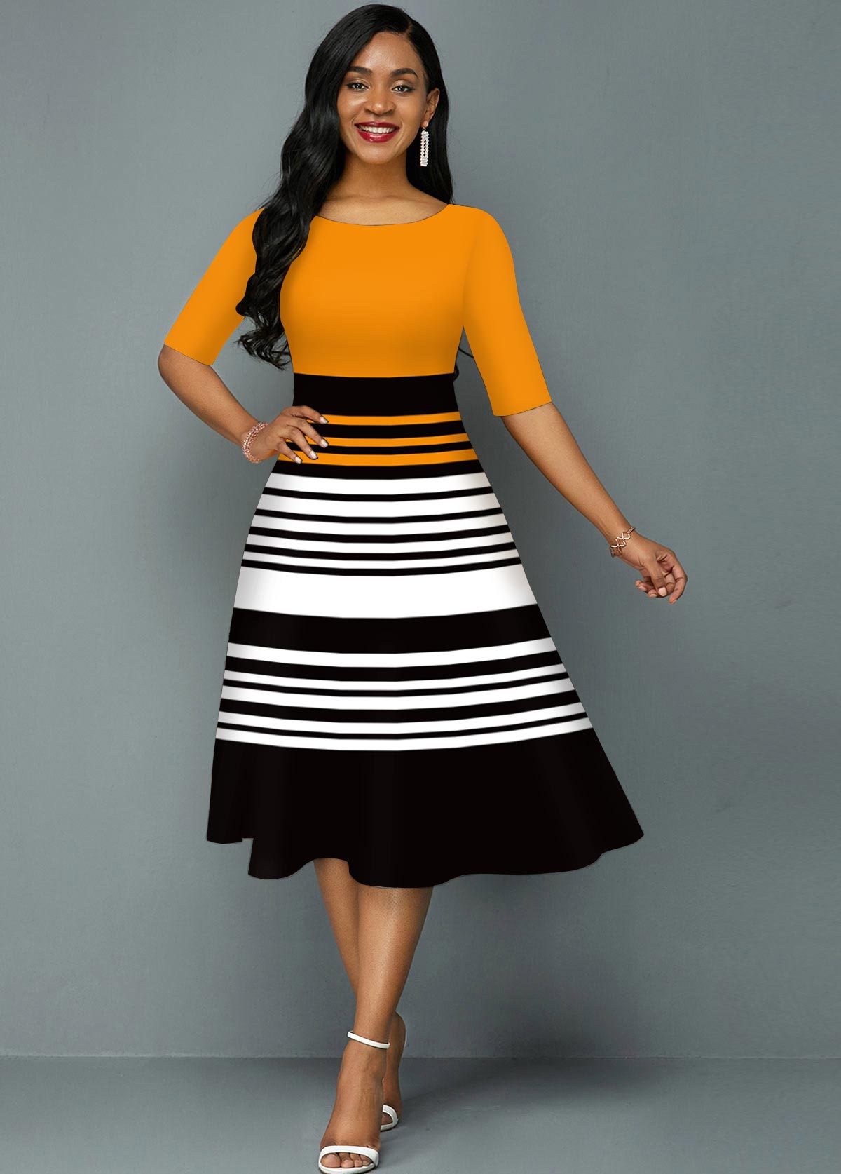 Mature Women's Printed Striped Round Neck Knitted Dress