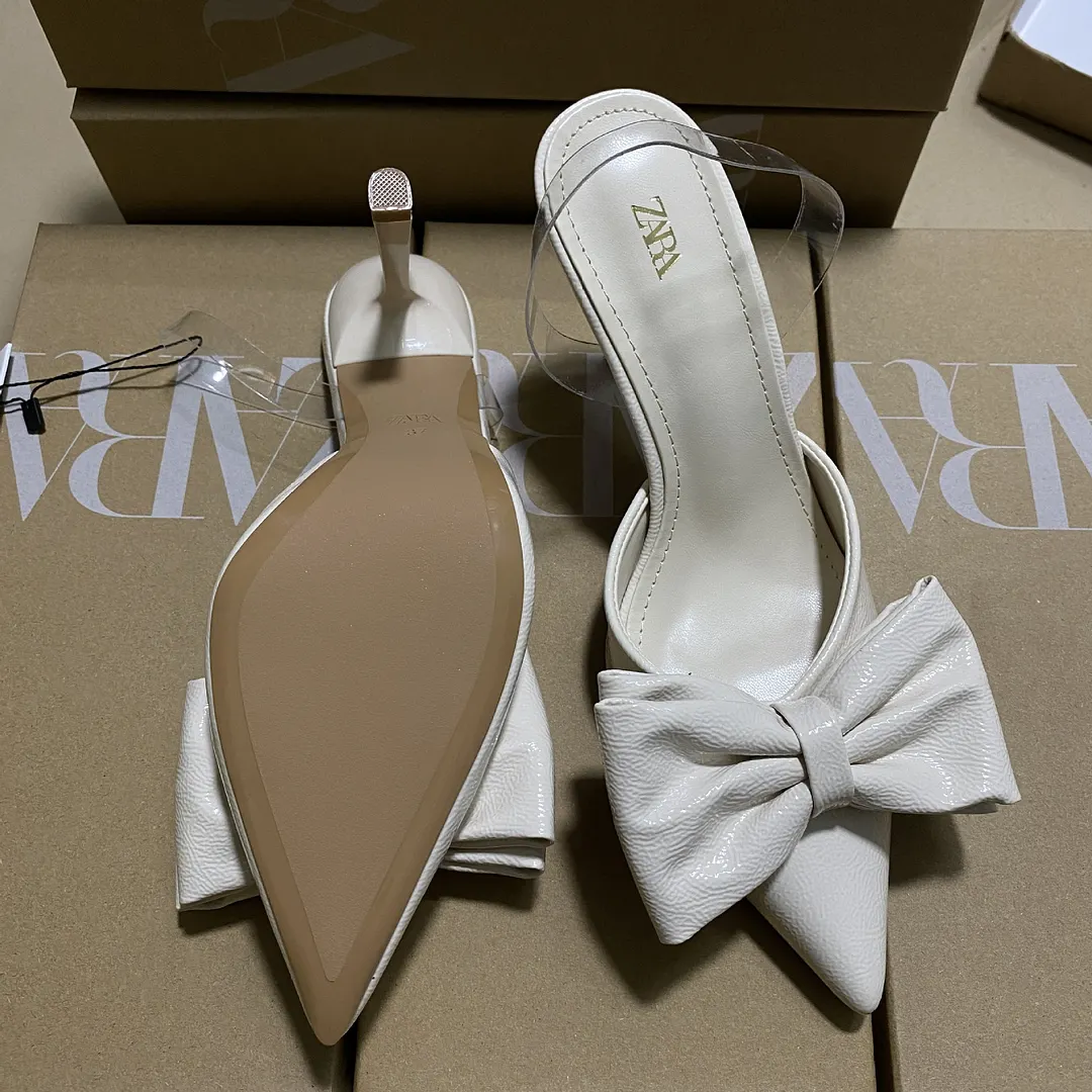 Breakj Breakj Home 2025 New White Bow French-Style Dew Behind Triptling Pointed High Heels Fashion Bag Head Sandals Women