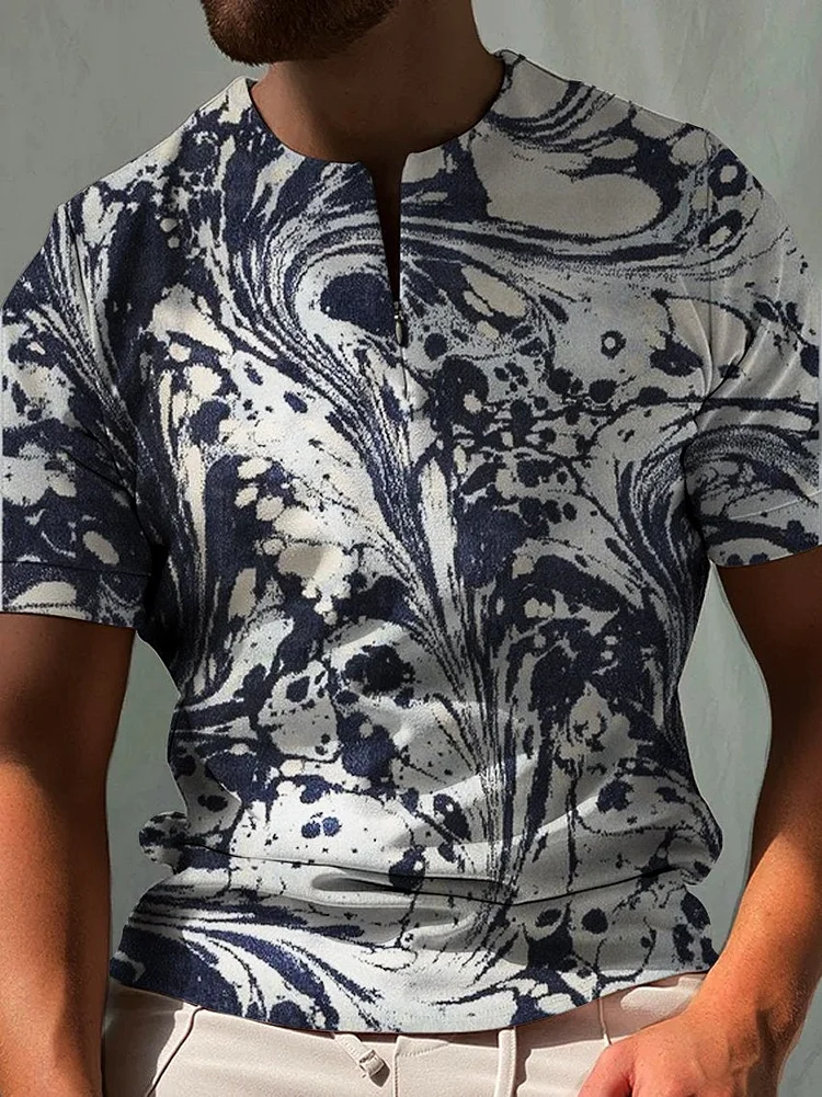 Hand Drawn Abstract Ink Graphic Print 100% Cotton Zip Polo Shirt