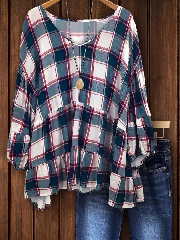 Cotton Plaid Ruffled Hem Top