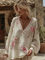 Women's Retro Roses Print V-neck Linen Blend Long Sleeve T-shirt