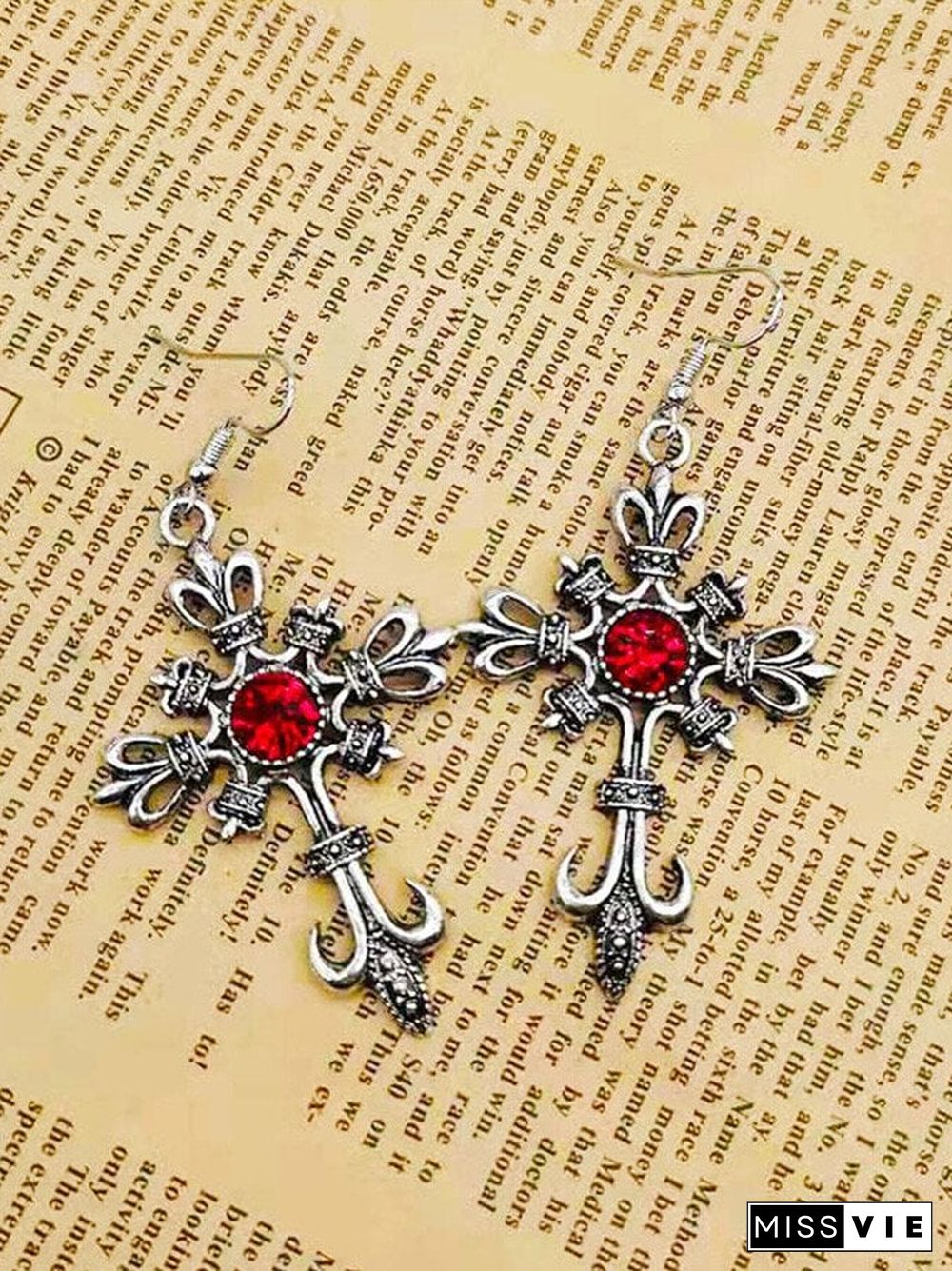 Dark Cross Red Rhinestone Earrings