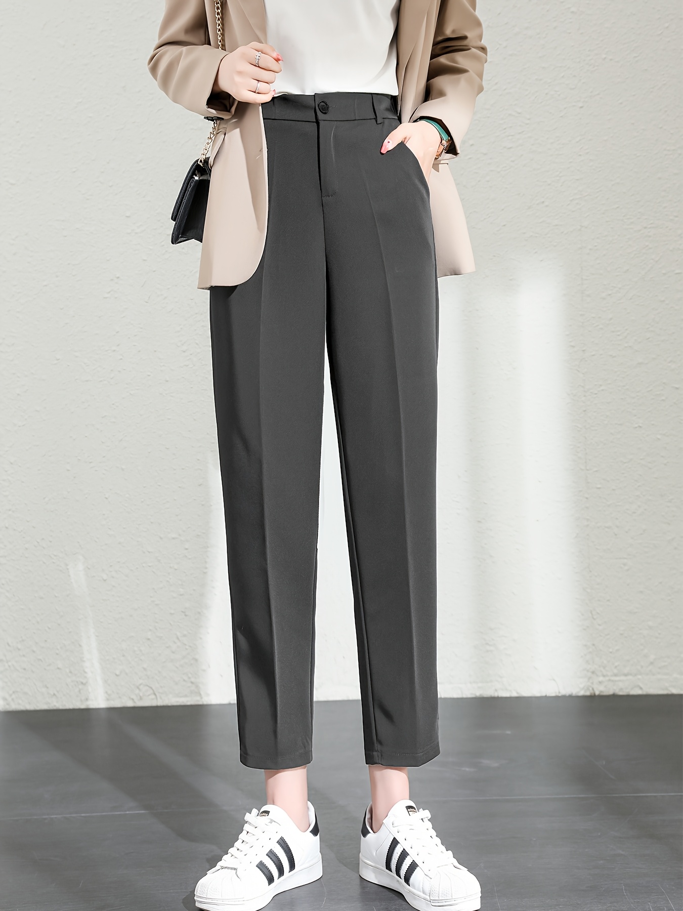 Womens High-Waisted Harem Pants Lightweight Straight-Leg Trousers With Drape Detail